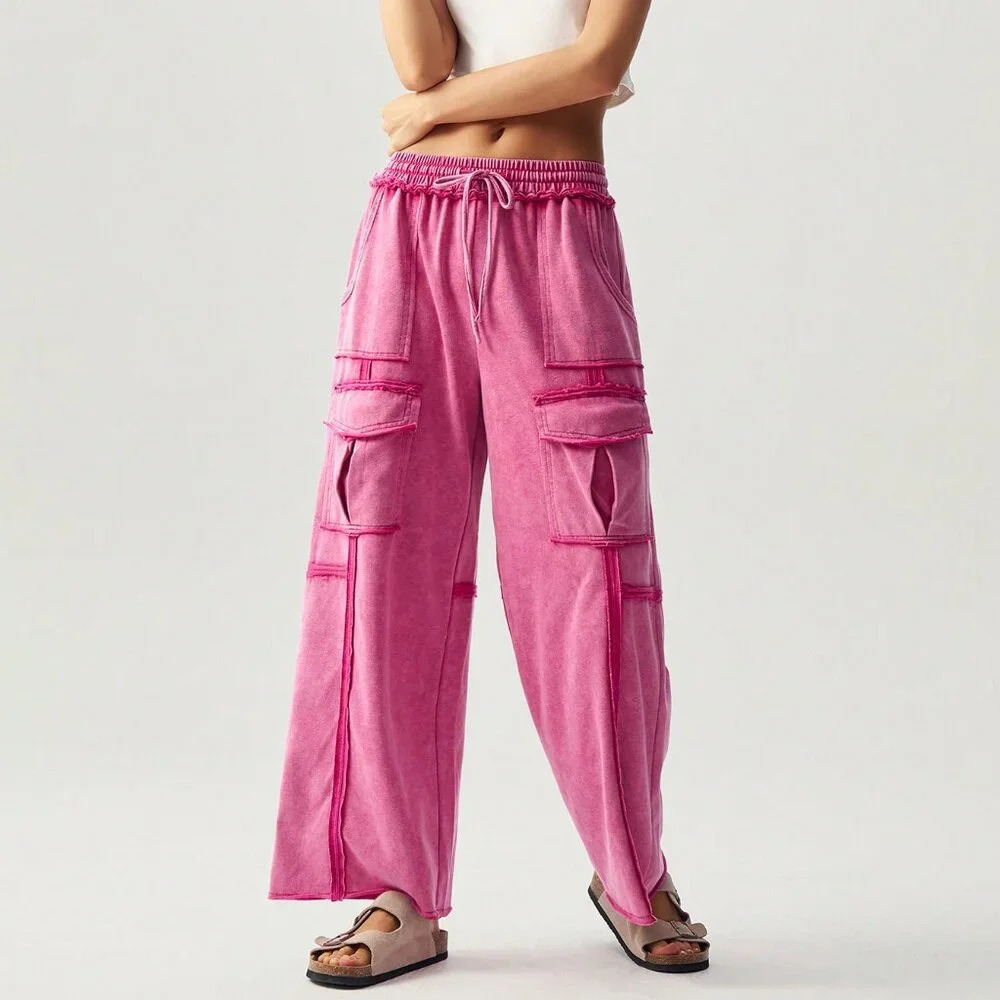 Hot Pink Casual Women's Vacation Knit Pocket Wide Leg Pants
